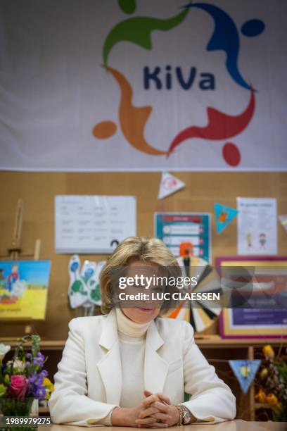 Queen Mathilde of Belgium pictured during a royal visit to Salto primary school in Oud-Turnhout in the context of the Flemish Week against Bullying ,...