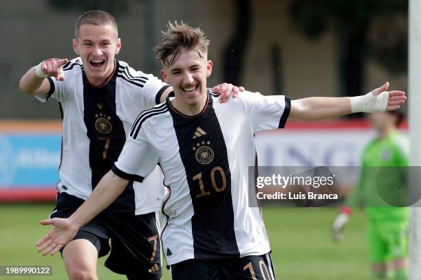 Goal celebration of Lennartz Karlgoal and Yll Gashi of U16 Germany during the Germany U16 v Japan U16 on February 9, 2024 in Vila Real de Santo...