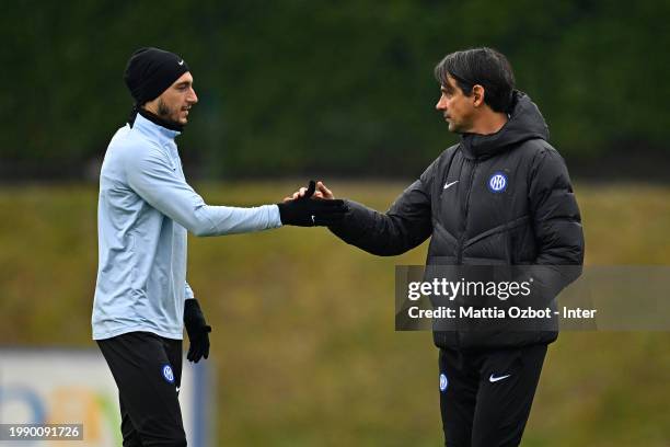 Darmian Matteo of FC Internazionale, Head Coach Simone Inzaghi of FC Internazionale during the FC Internazionale training session at the club's...