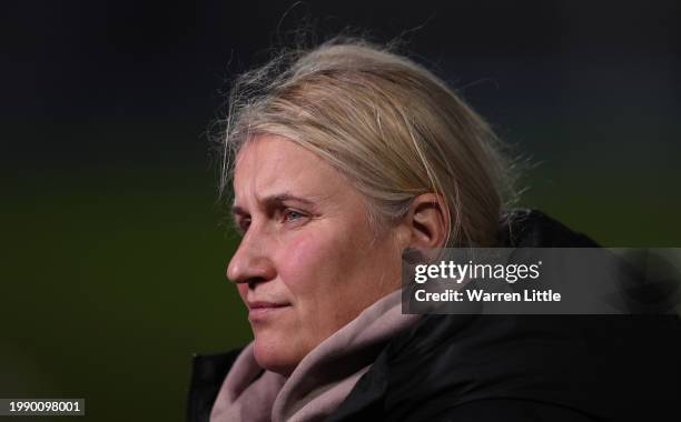 Emma Hayes manager of Chelsea looks on ahead of during the Barclays Women´s Super League match between Chelsea FC and Everton FC at Kingsmeadow on...