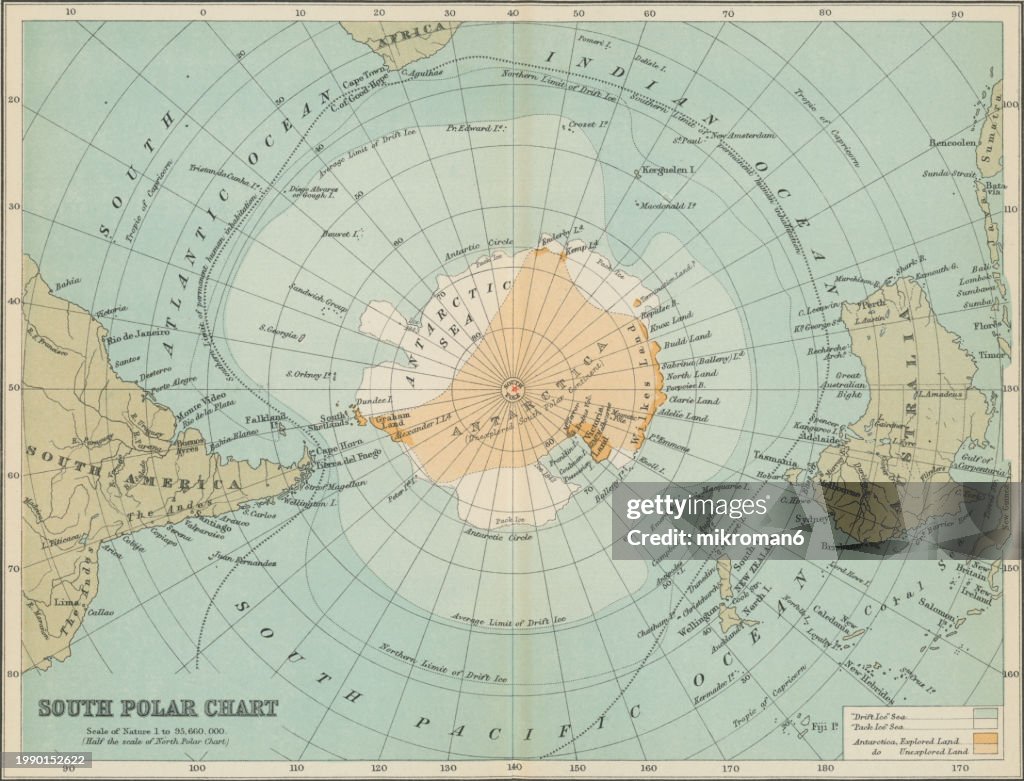 Old chromolithograph illustration of map of South Polar Regions