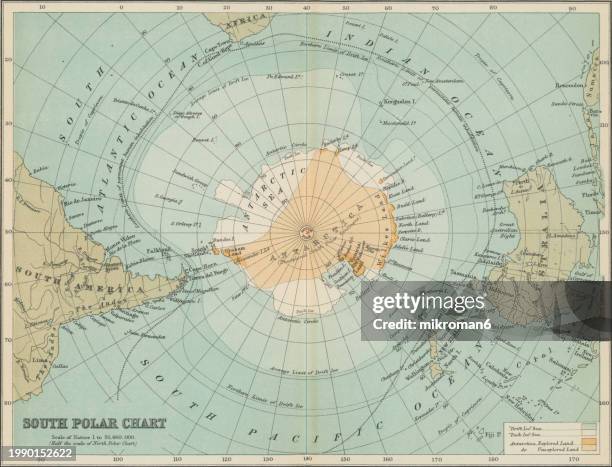 old chromolithograph illustration of map of south polar regions - south pole stock pictures, royalty-free photos & images