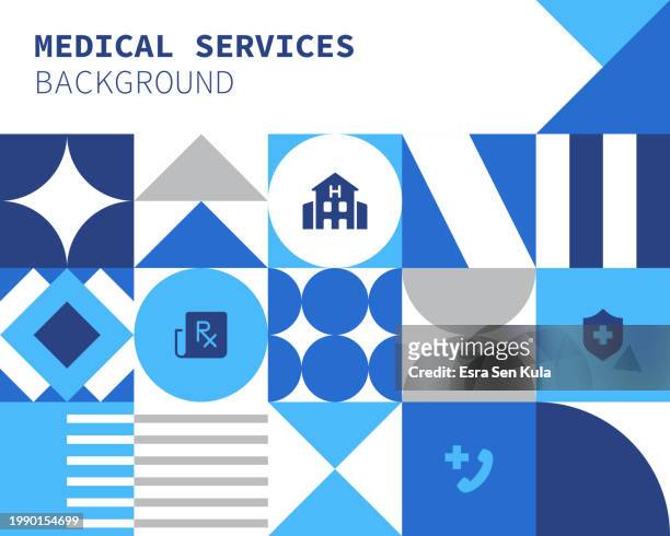 stockillustraties, clipart, cartoons en iconen met medical services concept bauhaus style background design with simple solid icons. this design is suitable for use on websites, in presentations, reports, magazines, and brochures. - poliklinische zorg