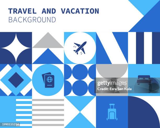 travel and vacation concept bauhaus style background design with simple solid icons. this design is suitable for use on websites, in presentations, reports, magazines, and brochures. - boarding pass infographic stock illustrations