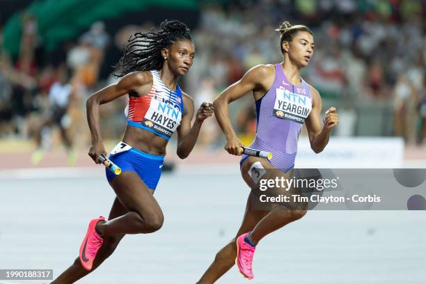 August 26: Quanera Hayes of the United States and Nicole Yeargin of Great Britain in action in heat two of the Women's 4x 400M Relay heats during the...