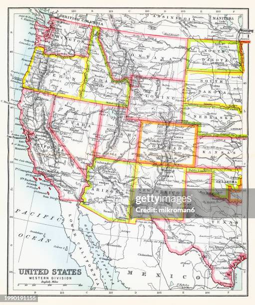 old chromolithograph map of united states of america - western division - idaho map stock pictures, royalty-free photos & images