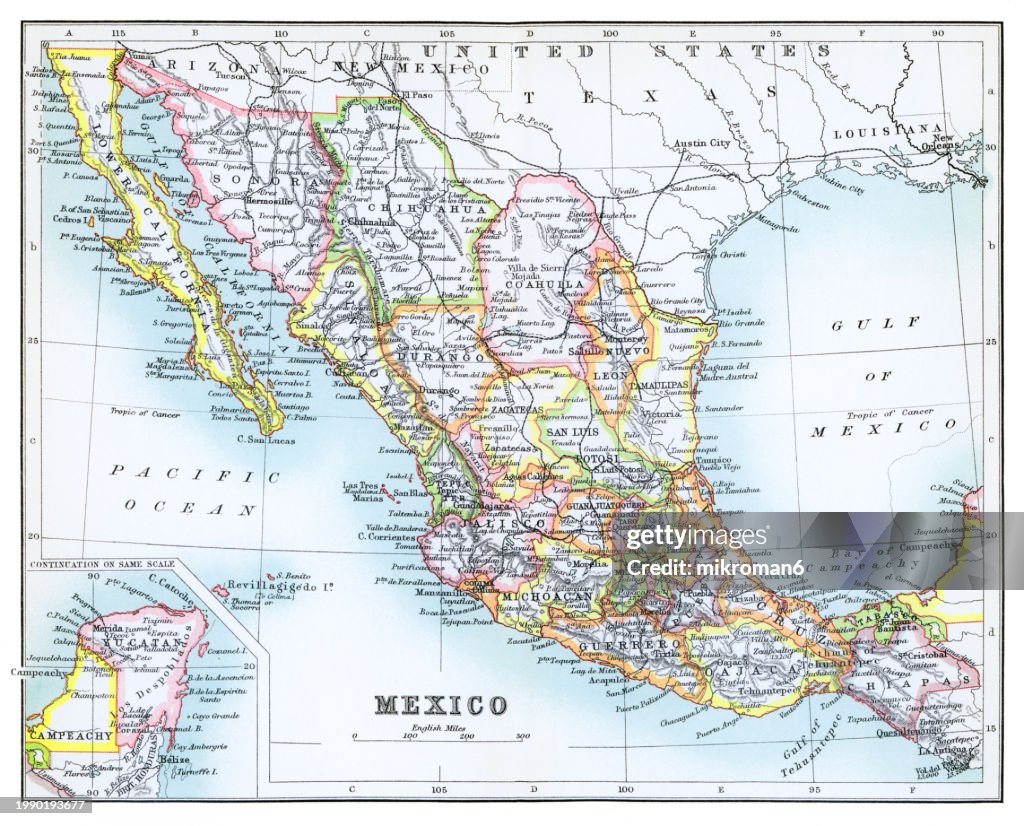 Old chromolithograph map of Mexico