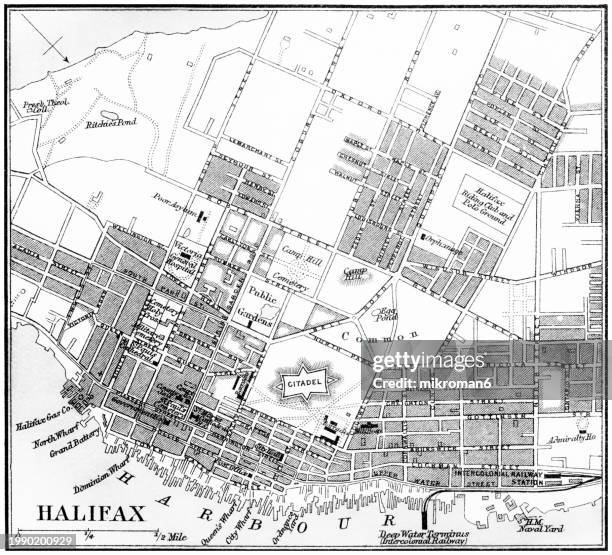 old chromolithograph map of halifax is the capital and largest municipality of the canadian province of nova scotia - nova stock pictures, royalty-free photos & images