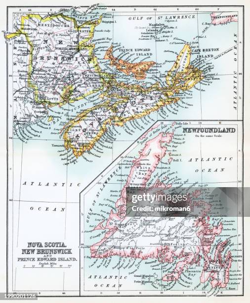 old chromolithograph map of brunswick, nova scotia, newfoundland and prince edward island - newfoundland and labrador stock pictures, royalty-free photos & images