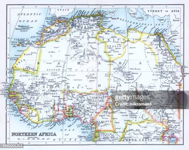 old chromolithograph map of northern africa - horn of africa stock pictures, royalty-free photos & images