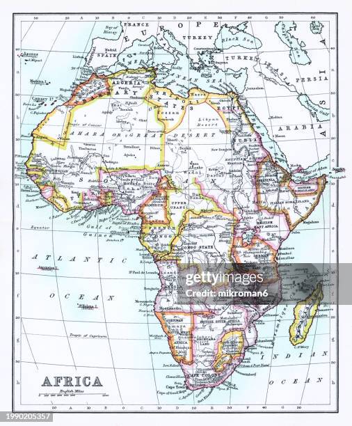 old chromolithograph map of africa - antique logo stock pictures, royalty-free photos & images