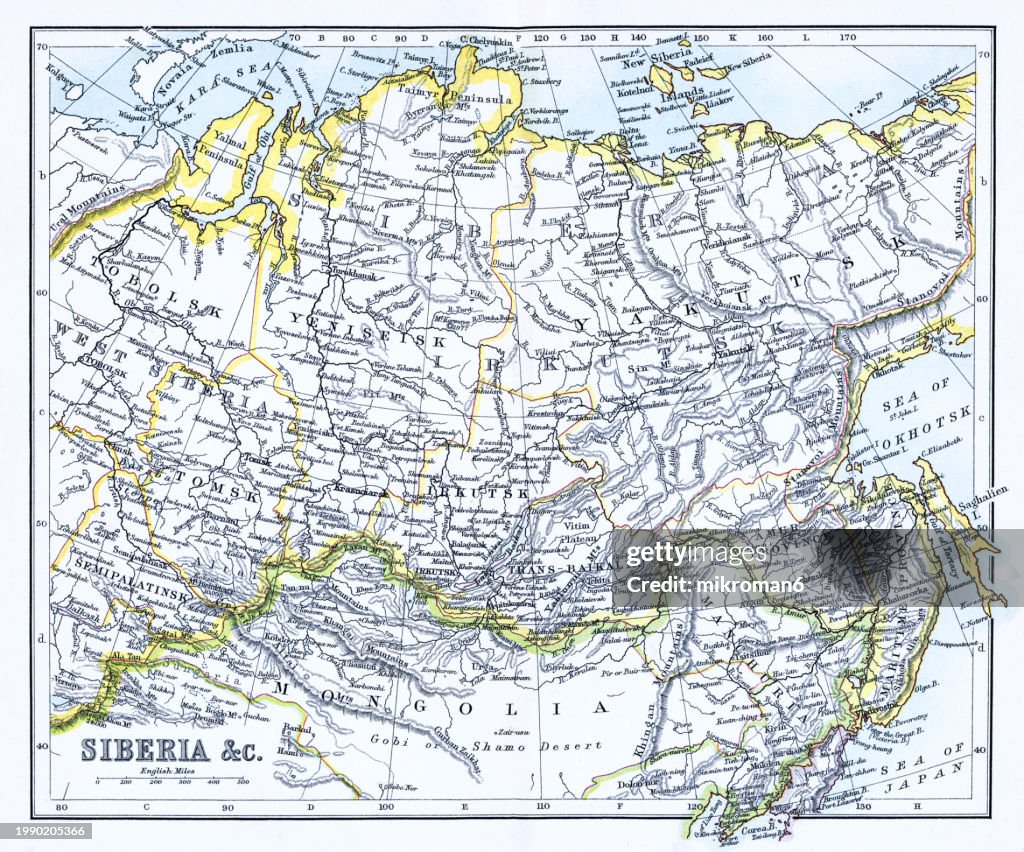 Old chromolithograph map of Siberia, Russia