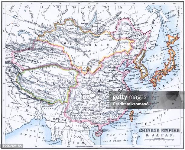 old chromolithograph map of chinese empire and japan - east asia stock pictures, royalty-free photos & images