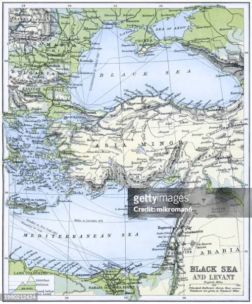 old chromolithograph map of asia minor, black sea and levant - ancient greece photos stock pictures, royalty-free photos & images