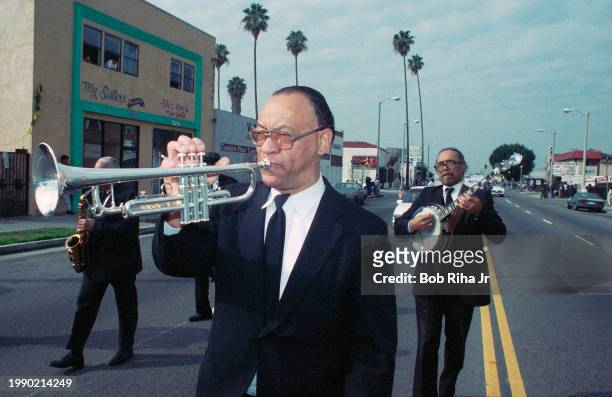Musician Tommy Cortez and band members participate in Martin Luther King Parade and celebration along Jefferson Blvd, January 30, 1993 in South Los...