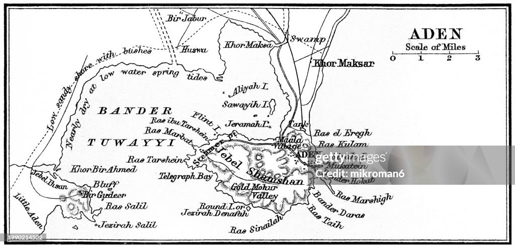 Old chromolithograph map of Aden, a port city located in Yemen in the southern part of the Arabian peninsula, positioned near the eastern approach to the Red Sea