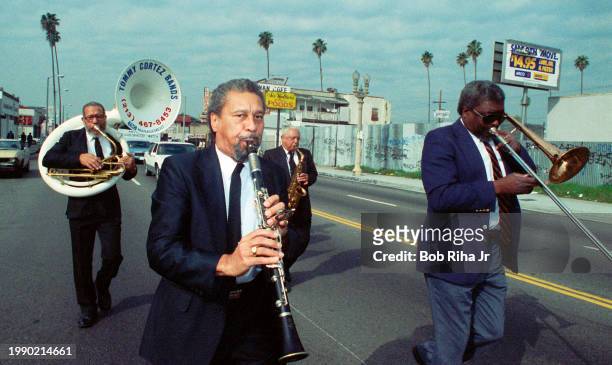 Musician Eddie Synigal and band members participate in Martin Luther King Parade and celebration along Jefferson Blvd, January 30, 1993 in South Los...