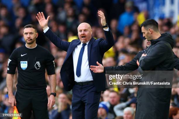 Everton manager Sean Dyche reacts on the touchline during the Premier League match between Everton FC and Tottenham Hotspur at Goodison Park on...