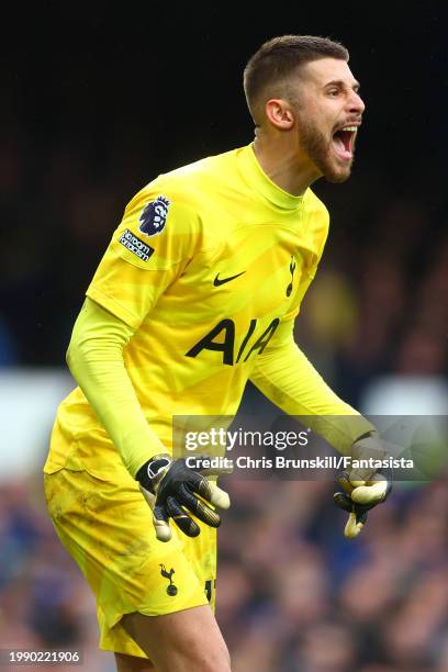 Guglielmo Vicario of Tottenham Hotspur gestures during the Premier League match between Everton FC and Tottenham Hotspur at Goodison Park on February...