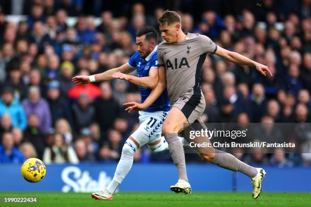 Jack Harrison of Everton in action with Micky van de Ven of Tottenham Hotspur during the Premier League match between Everton FC and Tottenham...