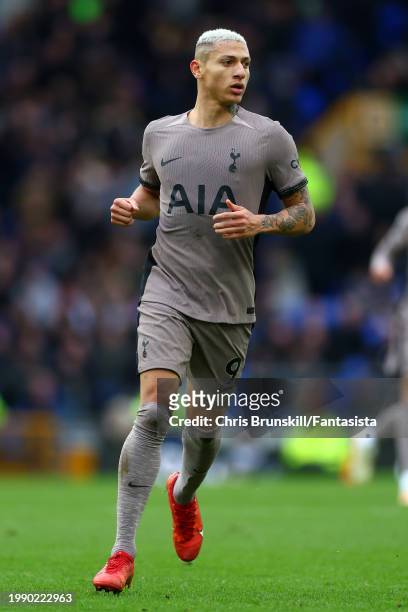 Richarlison of Tottenham Hotspur in action during the Premier League match between Everton FC and Tottenham Hotspur at Goodison Park on February 03,...