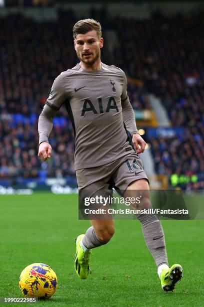 Timo Werner of Tottenham Hotspur in action during the Premier League match between Everton FC and Tottenham Hotspur at Goodison Park on February 03,...