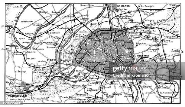 old chromolithograph map of paris, capital and most populous city of france - yvelines stock pictures, royalty-free photos & images