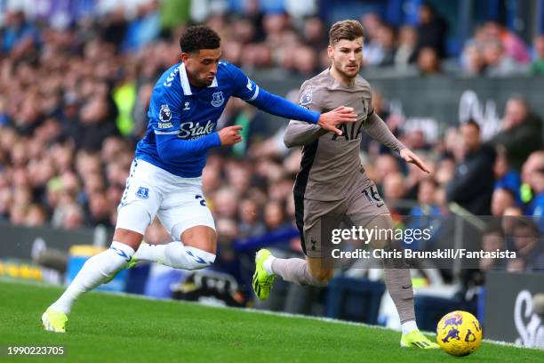 Ben Godfrey of Everton in action with Timo Werner of Tottenham Hotspur during the Premier League match between Everton FC and Tottenham Hotspur at...