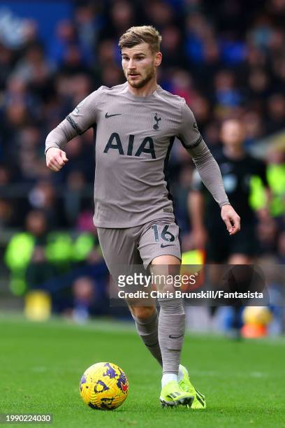 Timo Werner of Tottenham Hotspur in action during the Premier League match between Everton FC and Tottenham Hotspur at Goodison Park on February 03,...