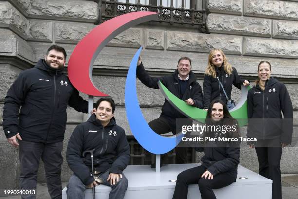 Gabriele Lanza, Alessandro Andreoni of Italian national paralympic hockey team, Antonio Rossi, Carolina Kostner and Valentina Marchei pose in front...