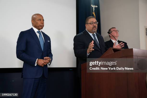 February 8: Manhattan DA Alvin Bragg speaks during a press conference announcing the indictment of seven individuals for their involvement in the...