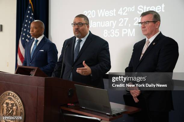 February 8: Manhattan DA Alvin Bragg speaks during a press conference announcing the indictment of seven individuals for their involvement in the...