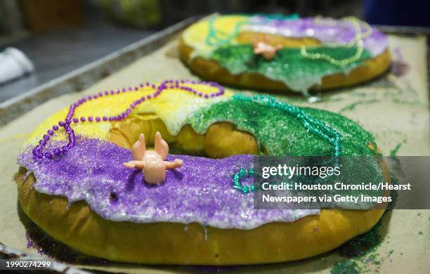 Freshly made and decorated King Cakes are seen ready to be boxed at Montgomery Bakehouse, Thursday, Jan. 12 in Conroe. King Cake, also known as a...