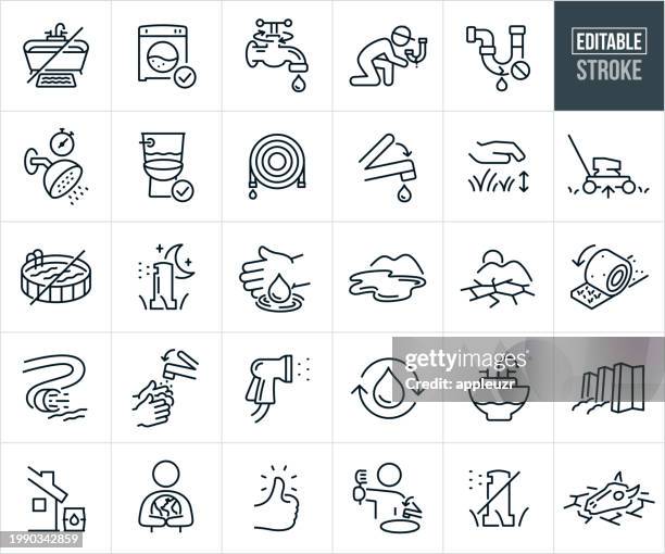 ilustraciones, imágenes clip art, dibujos animados e iconos de stock de iconos de línea delgada de conservación del agua-trazo editable - deficit icon