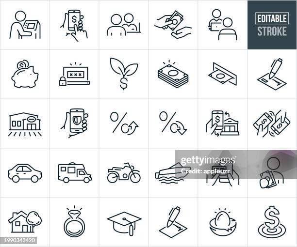 illustrations, cliparts, dessins animés et icônes de icônes de ligne mince pour les banques et les prêts - trait modifiable - conseiller-bancaire
