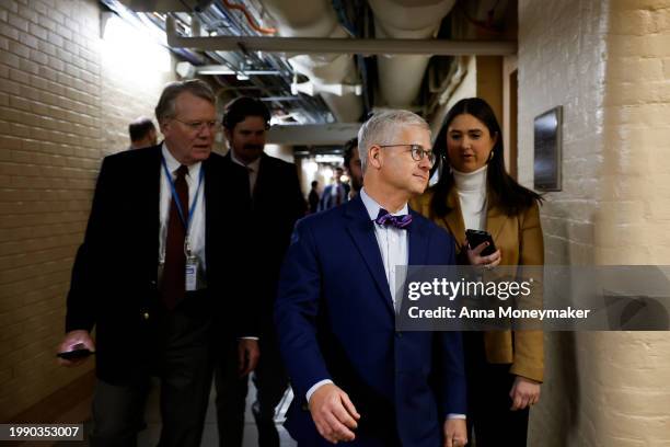 Rep. Patrick McHenry departs from a House Republican caucus meeting at the U.S. Capitol on February 06, 2024 in Washington, DC. The House of...