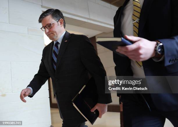 Speaker of the House Mike Johnson departs from a House Republican caucus meeting at the U.S. Capitol on February 06, 2024 in Washington, DC. The...