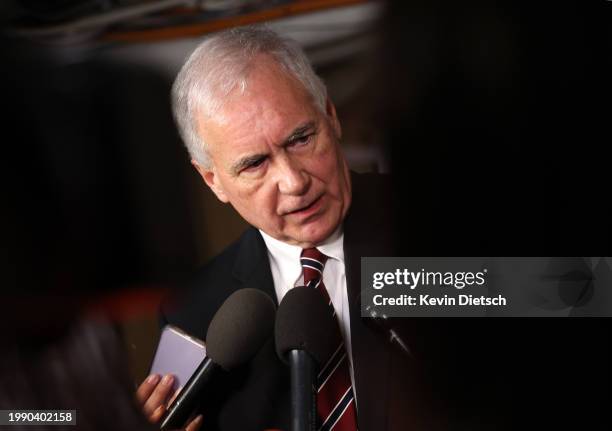 Rep. Tom McClintock speaks to reporters as he departs from a House Republican caucus meeting at the U.S. Capitol on February 06, 2024 in Washington,...