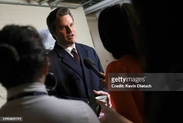 Rep. Matt Gaetz speaks to reporters as he departs from a House Republican caucus meeting at the U.S. Capitol on February 06, 2024 in Washington, DC....