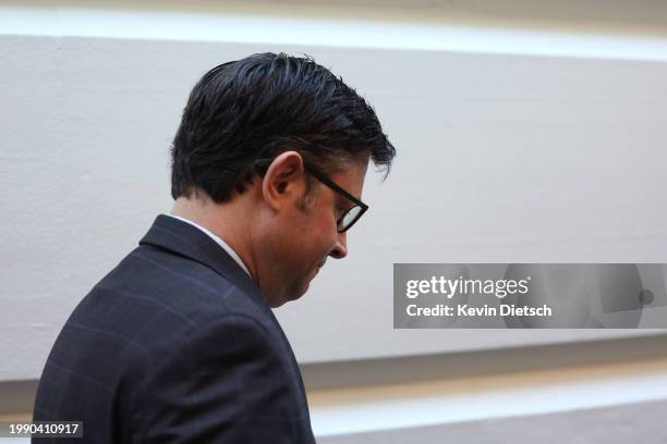 Speaker of the House Mike Johnson arrives to a House Republican caucus meeting at the U.S. Capitol on February 06, 2024 in Washington, DC. The House...