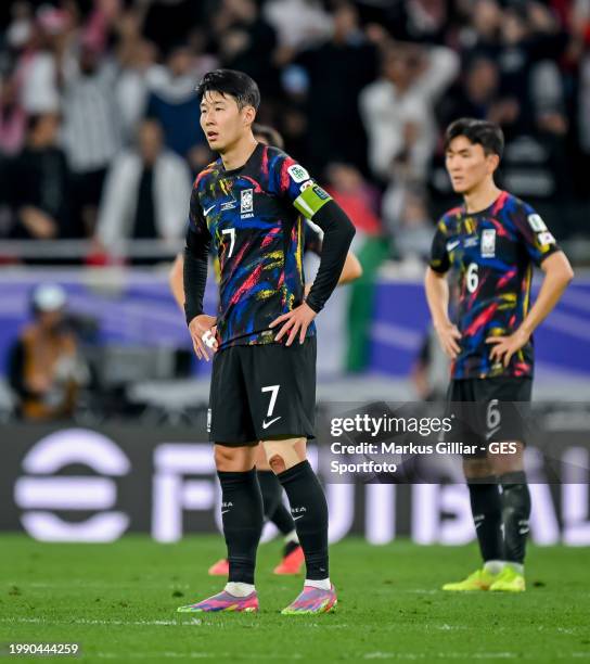 Son Heung-min of South Korea reacts during the AFC Asian Cup semi final match between Jordan and South Korea at Ahmad Bin Ali Stadium on February 06,...