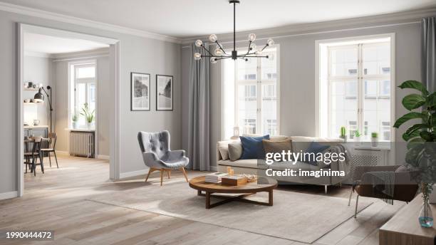 scandinavian style cozy living room interior - luxury background stock pictures, royalty-free photos & images