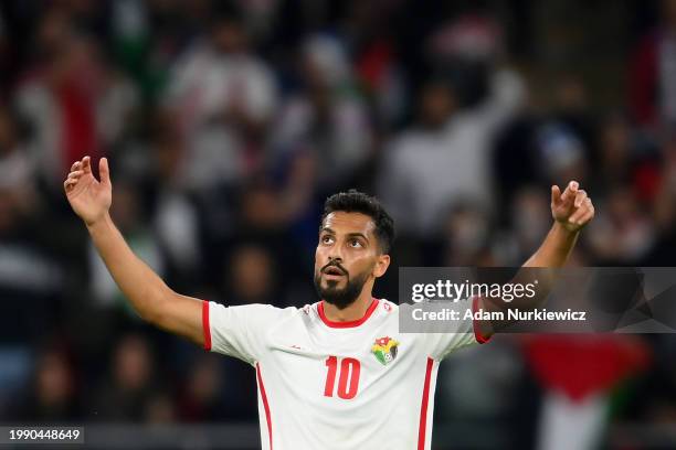 Musa Al-Taamari of Jordan reacts during the AFC Asian Cup semi final match between Jordan and South Korea at Ahmad Bin Ali Stadium on February 06,...