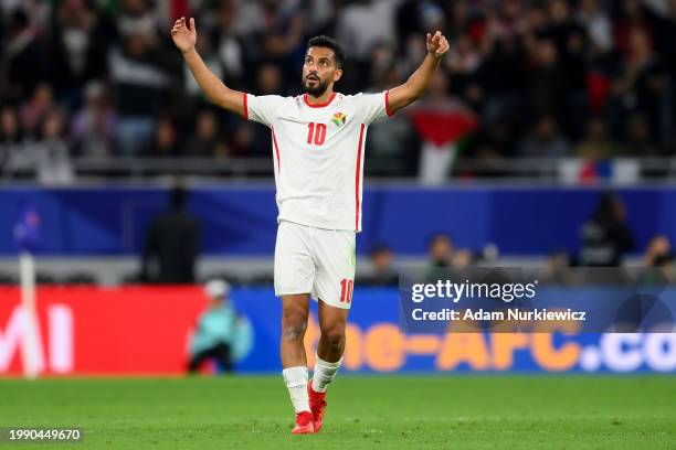 Musa Al-Taamari of Jordan reacts during the AFC Asian Cup semi final match between Jordan and South Korea at Ahmad Bin Ali Stadium on February 06,...