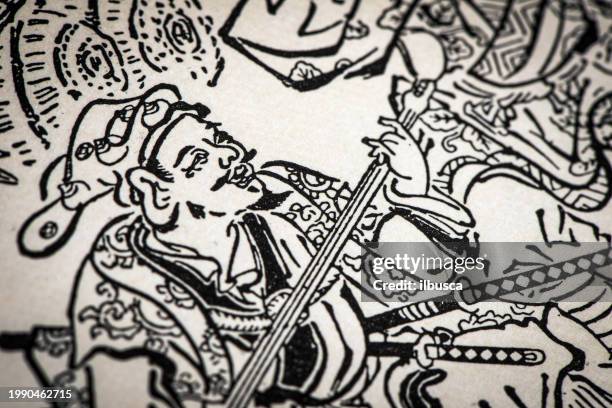 antique japanese illustration: divinities daikoku and ebisu by hishikawa moronobu (1680) - shibuya stock illustrations