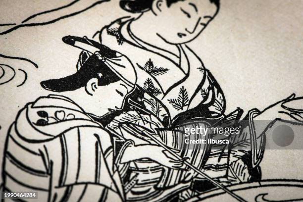antique japanese illustration: the three saki tasters by okumura masanobu (1710) - only japanese stock illustrations