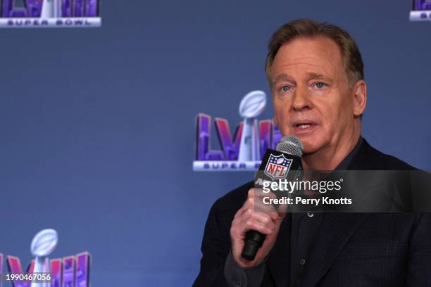 Commissioner Roger Goodell speaks during a press conference before Super Bowl LVIII at Allegiant Stadium on February 5, 2024 in Las Vegas, NV.