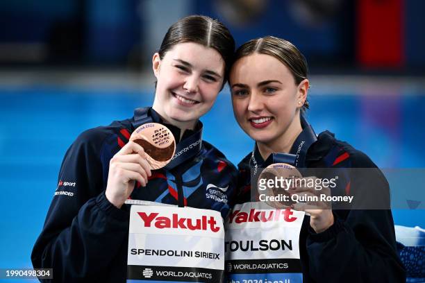 Bronze Medalists, Andrea Spendolini Sirieix and Lois Toulson of Team Great Britain pose with their medals during the Medal Ceremony after after the...