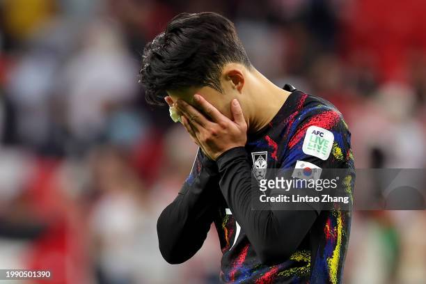 Son Heung-min of South Korea stands dejected after defeat following the AFC Asian Cup semi final match between Jordan and South Korea at Ahmad Bin...