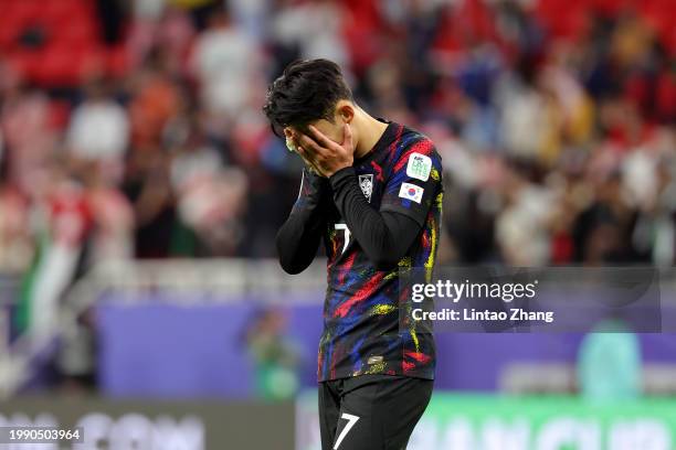 Son Heung-min of South Korea stands dejected after defeat following the AFC Asian Cup semi final match between Jordan and South Korea at Ahmad Bin...